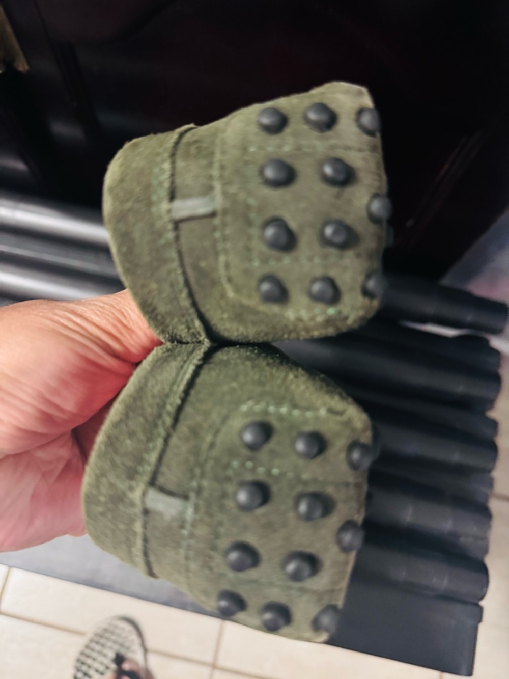 Tod's Olive Suede Driver Mocs with Black Pebbled Sole - Picture 6 of 8